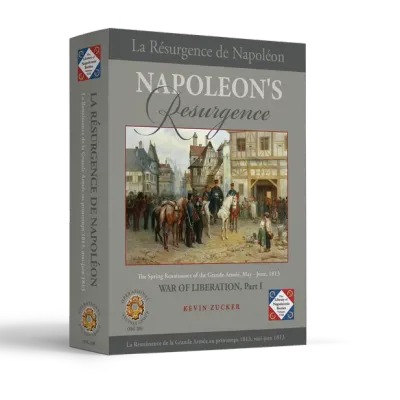 Box cover of Napoleon’s Resurgence, showing French troops in a town on a grey OSG game box.