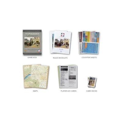 Components for Napoleon’s Resurgence, including box, rule booklets, counters, maps, player aids, and card decks.