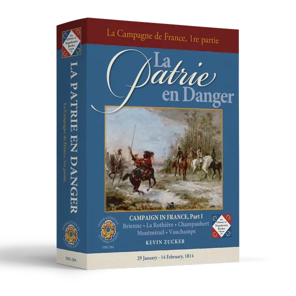Box cover of La Patrie en Danger, showing Napoleonic cavalry artwork on a blue OSG game box.