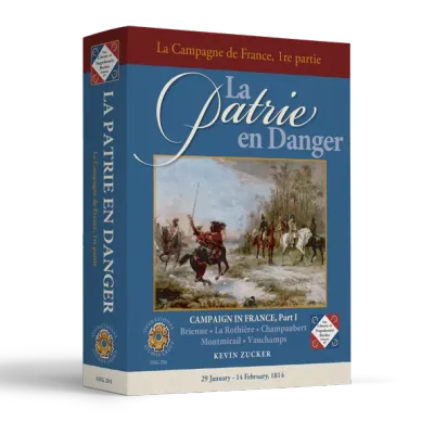 Box cover of La Patrie en Danger, showing Napoleonic cavalry artwork on a blue OSG game box.