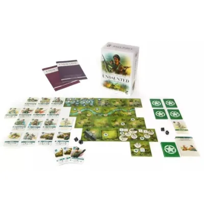 Undaunted: Reinforcements contents with cards, tiles, tokens, dice, booklets, and box.