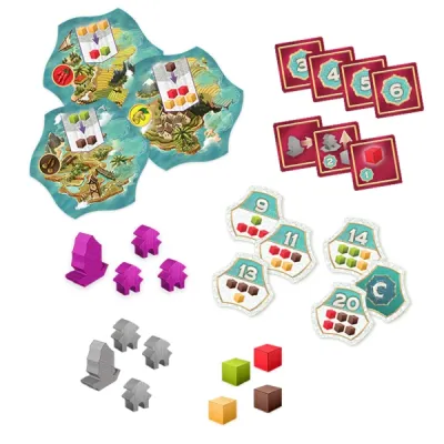 Century: Eastern Wonders tiles, outpost pieces, scoring tiles and spice cubes.