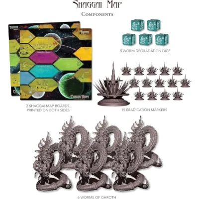 Cthulhu Wars Shaggai Map Expansion contents showing map boards, Worm Degradation Dice, Eradication Markers, and Worms of Ghro