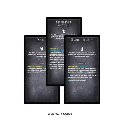 Cthulhu Wars Cosmic Terrors Pack loyalty cards for Dhole, Great Race of Yith, and Quachil Uttaus.