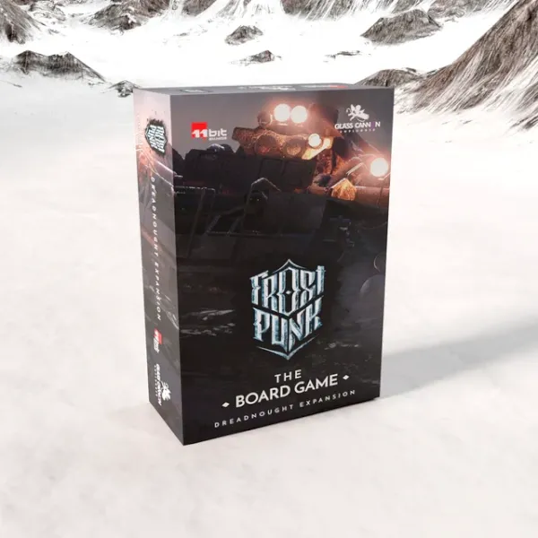 Frostpunk The Board Game Dreadnought Expansion box front shown against a snowy background.