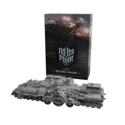 Frostpunk Dreadnought Miniature shown with expansion box and large grey train model.