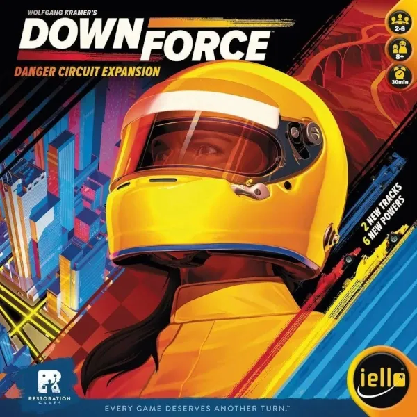 Downforce Danger Circuit box front showing a race driver in a yellow helmet with city track artwork.