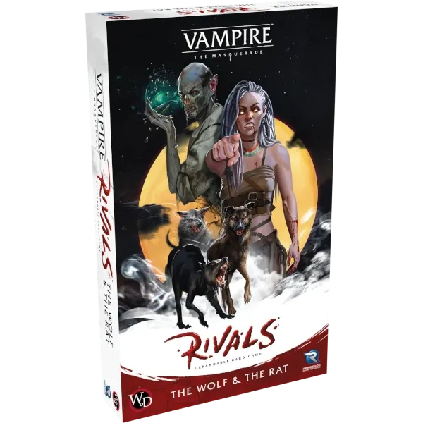 Vampire The Masquerade Rivals The Wolf &amp; The Rat box front showing Gangrel and Nosferatu vampires with wolves.