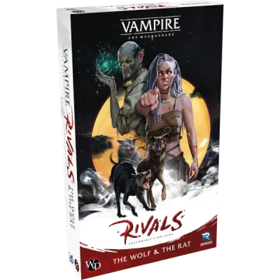 Vampire The Masquerade Rivals The Wolf &amp; The Rat box front showing Gangrel and Nosferatu vampires with wolves.