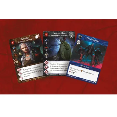 Vampire Rivals The Wolf &amp; The Rat card examples showing Tamaska, General Flint, and The Stampede.