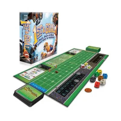 1st &amp; Goal contents with football field board, cards, dice, score tracks, tokens, and game box.