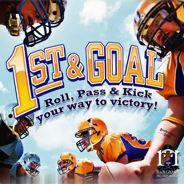 1st &amp; Goal box front with American football players and the tagline “Roll, Pass &amp; Kick your way to victory!”