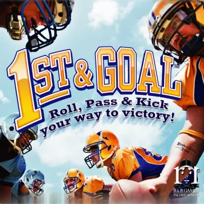 1st &amp; Goal box front with American football players and the tagline “Roll, Pass &amp; Kick your way to victory!”