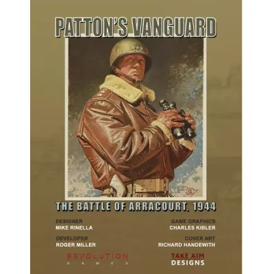 Patton’s Vanguard: The Battle of Arracourt, 1944 wargame cover with General Patton holding binoculars.