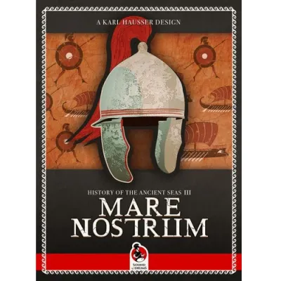 Box cover for History of the Ancient Seas III: Mare Nostrum, showing an ancient helmet and ships.