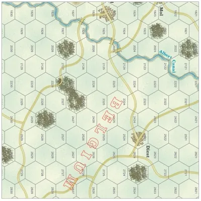 Strategy &amp; Tactics #347: Operation Holland game map showing Belgian terrain, roads, rivers, towns, and hex grid.