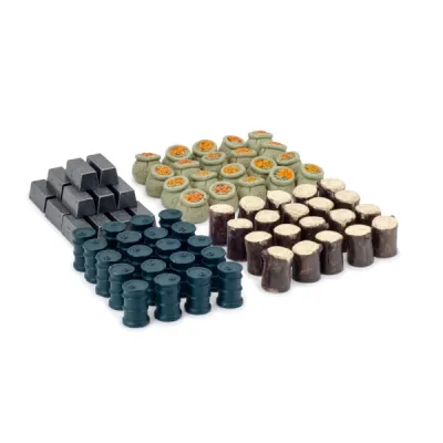 Scythe realistic resource tokens with food, metal, oil, and wood pieces.