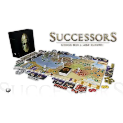 Successors: Fourth Edition game setup with board, cards, tokens, miniatures, and box.