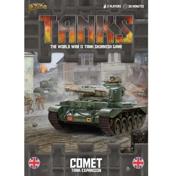 TANKS Comet Tank Expansion with a British Comet tank advancing through a ruined town.