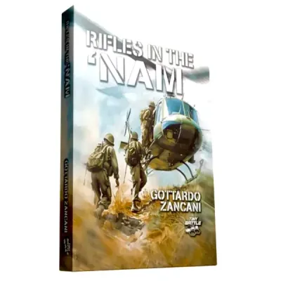 Rifles in the ’Nam solitaire Vietnam War wargame box cover with soldiers near a helicopter.