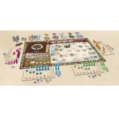 Tiletum game set up with main board, player boards, tokens, dice, and wooden pieces.