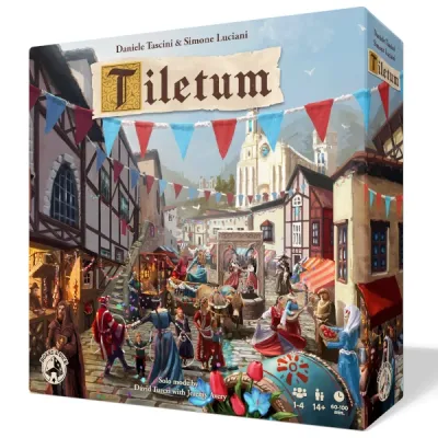 Tiletum box front with Renaissance market scene artwork.