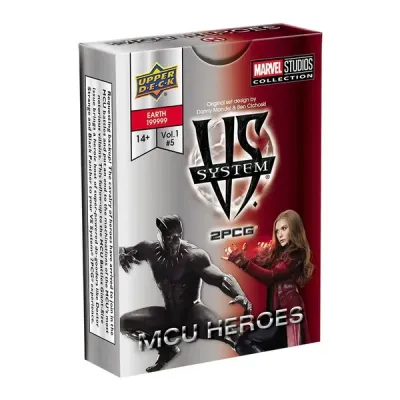 Vs. System 2PCG: MCU Heroes box front with Black Panther and Scarlet Witch from the Marvel Cinematic Universe.