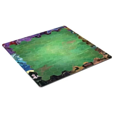 Ascension Tactics premium playmat with green hex grid and character artwork around the edges.