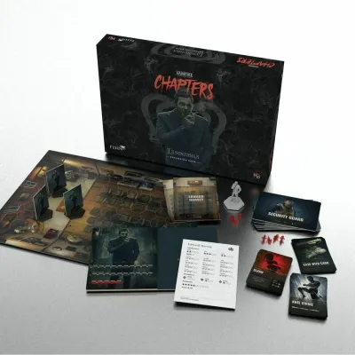 Vampire: The Masquerade – CHAPTERS Lasombra contents with cards, tiles, sheets, and miniature.