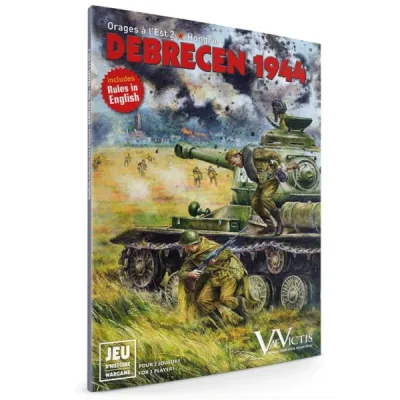 Box cover of Debrecen 1944, showing Soviet soldiers advancing with tanks on a smoky battlefield.