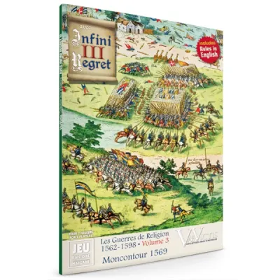 Box cover of Avec Infini Regret III, showing armies deployed at Moncontour during the French Wars of Religion.