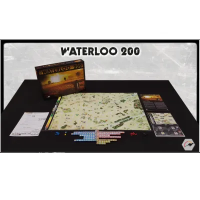 Components for Waterloo 200, including mapboard, blocks, stickers, player aids, markers, and game box.