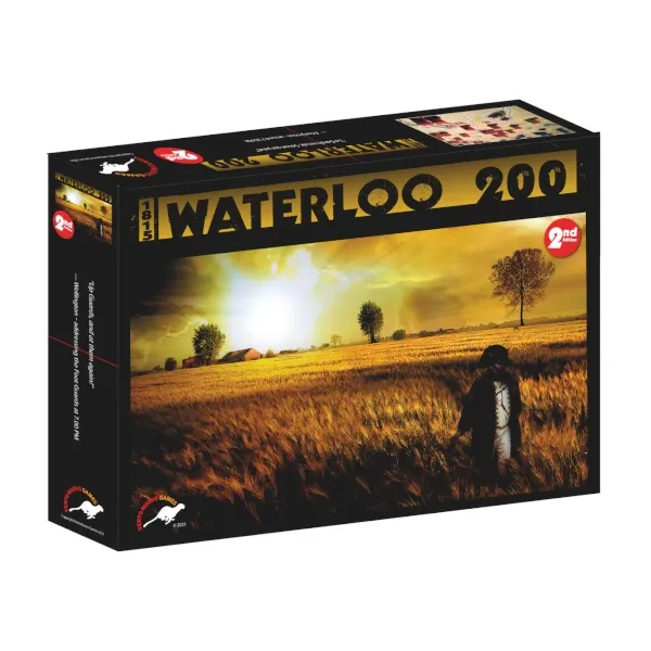 Box cover of Waterloo 200, showing a lone Napoleon figure in a golden battlefield landscape.