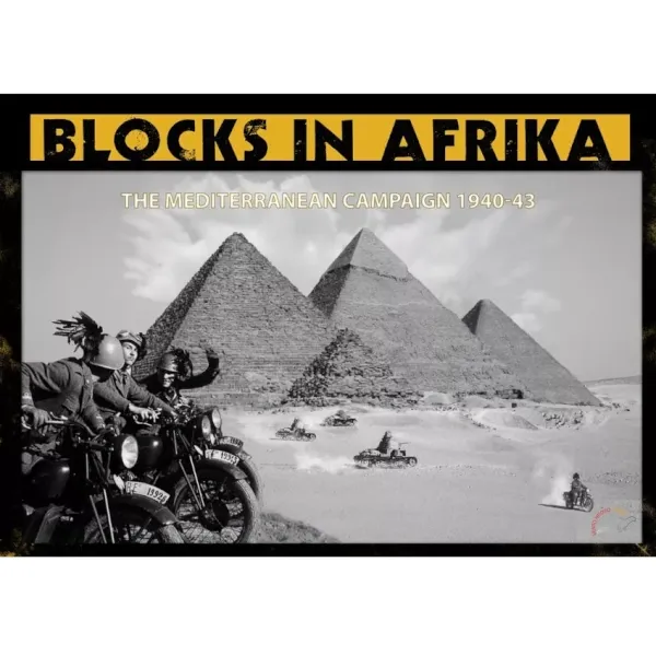 Box cover of Blocks in Afrika, showing pyramids, motorcycles, and vehicles in the North African desert.