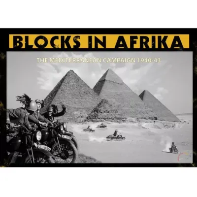 Blocks in Afrika Box cover of Blocks in Afrika, showing pyramids, motorcycles, and vehicles in the North African desert.