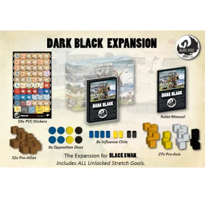 Components for Black Swan: Dark Black Expansion, including stickers, blocks, discs, chits, and rules manual.