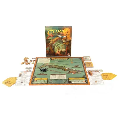 Cuba: The Splendid Little War components with map board, cards, counters, dice, player aids, and box.
