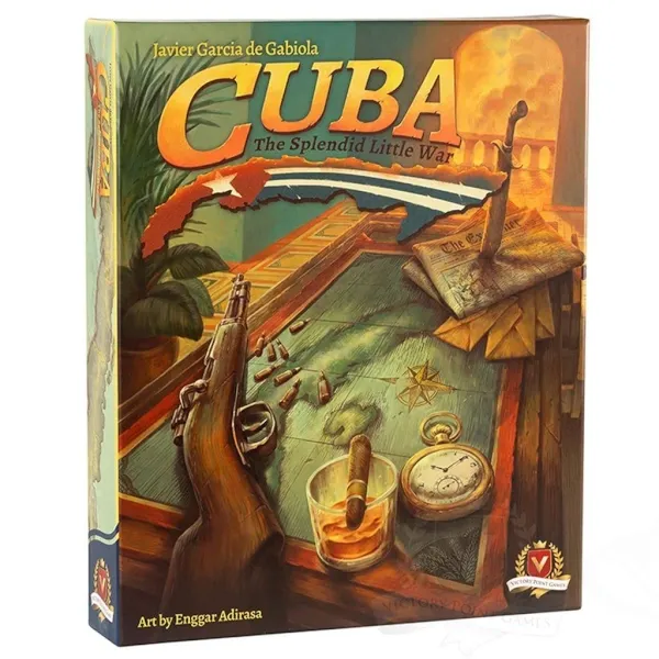 Cuba: The Splendid Little War box cover with map, rifle, cigar, drink, and Spanish-American War theme.