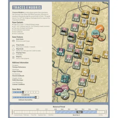 Traces of Hubris box back with game contents, features, counter samples, game meter, and map preview.