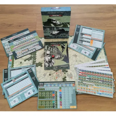 Crossing the Line Aachen 1944 2nd Edition components with box, map, counters, charts, and rulebook.