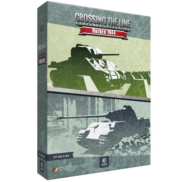Crossing the Line Aachen 1944 2nd Edition box cover with stylized World War II tanks.