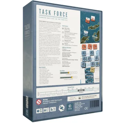 Task Force box back with Pacific map sample, counter examples, contents, features, and game meter.