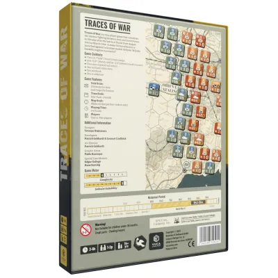 Traces of War box back with contents, game features, counter samples, game meter, and map preview.