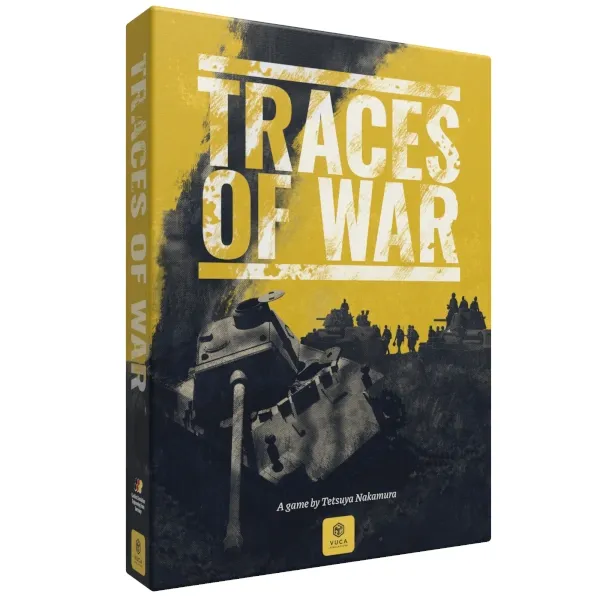 Traces of War box cover showing a damaged tank and soldiers against a yellow and black wartime scene.
