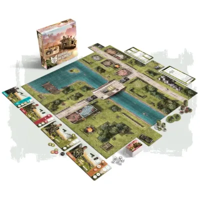 SAS Rogue Regiment core game components with map board, cards, tokens, dice, player boards, and box.
