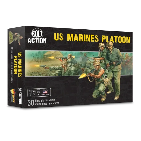 Bolt Action US Marines Platoon box showing 30 plastic US Marine infantry miniatures.