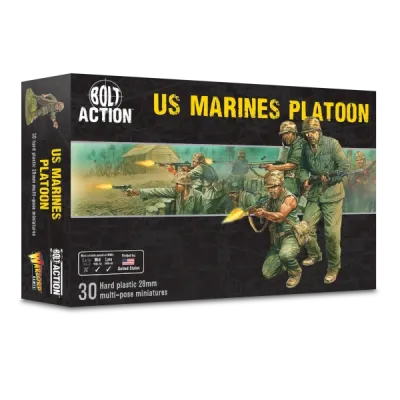 Bolt Action US Marines Platoon box showing 30 plastic US Marine infantry miniatures.