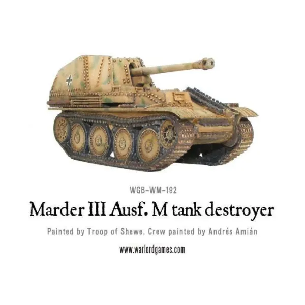Marder III Ausf. M tank destroyer painted in German camouflage, side view.