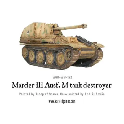 Marder III Ausf. M tank destroyer painted in German camouflage, side view.