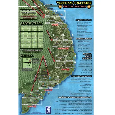 Vietnam Solitaire Special Edition game board showing Vietnam regions, tracks, political events, and play sequence.